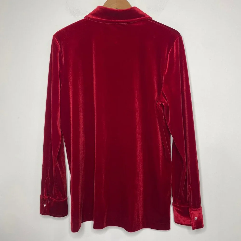 Jones New York Red Velvet Jeweled Rhinestones Buttons Shirt XL Holiday - Picture 7 of 15